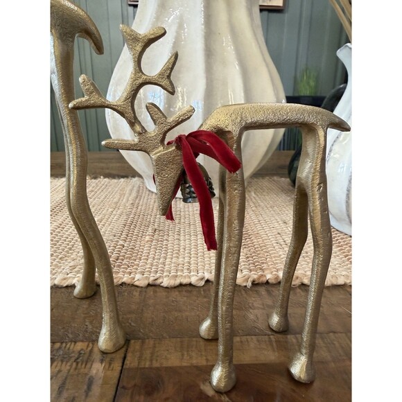 Set 2 Gold Metal Reindeer 8” & 19” Pottery Barn Dupes NEW 2025 Velvet Bow Bells - Picture 6 of 6